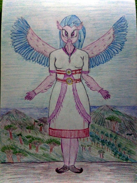 Size: 3120x4160 | Tagged: akkadian, anthro, artist:mildgyth, babylon, babylonian, belt, buckle, classical hippogriff, cliff, clothes, cuneiform, derpibooru import, faravahar, hippogriff, hittite, mesopotamia, mount aris, ocean, phoenician, plantigrade anthro, safe, shoes, silverstream, socotra, solo, spread wings, sumerian, traditional art, tree, tunic, two toned wings, valley, wings, ziragshabdarverse