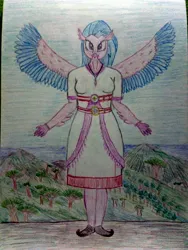 Size: 3120x4160 | Tagged: akkadian, anthro, artist:mildgyth, babylon, babylonian, belt, buckle, classical hippogriff, cliff, clothes, cuneiform, derpibooru import, faravahar, hippogriff, hittite, mesopotamia, mount aris, ocean, phoenician, plantigrade anthro, safe, shoes, silverstream, socotra, solo, spread wings, sumerian, traditional art, tree, tunic, two toned wings, valley, wings, ziragshabdarverse