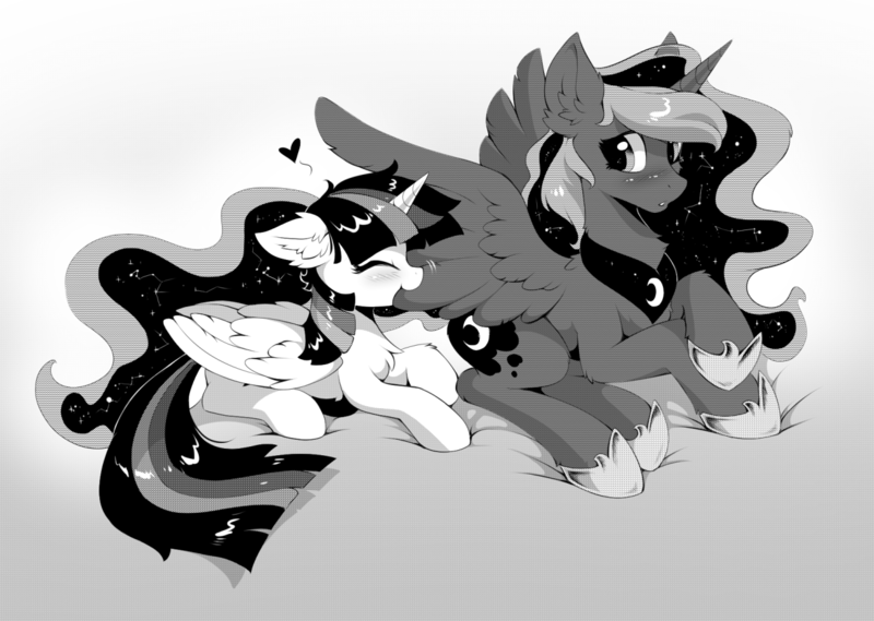 Size: 1280x911 | Tagged: safe, artist:hioshiru, derpibooru import, princess luna, twilight sparkle, twilight sparkle (alicorn), alicorn, pony, constellation, cute, eyes closed, female, grayscale, grooming, heart, hnnng, lesbian, manga, monochrome, preening, shipping, simple background, twiluna, white background