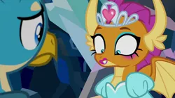 Size: 1280x720 | Tagged: safe, derpibooru import, screencap, gallus, smolder, dragon, gryphon, what lies beneath, clothes, discovery family logo, dragoness, dress, female, makeup, male, out of context, princess smolder
