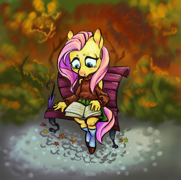 Size: 1280x1269 | Tagged: anthro, artist:skrapbox, autumn, bench, book, derpibooru import, fluttershy, outdoors, safe, solo