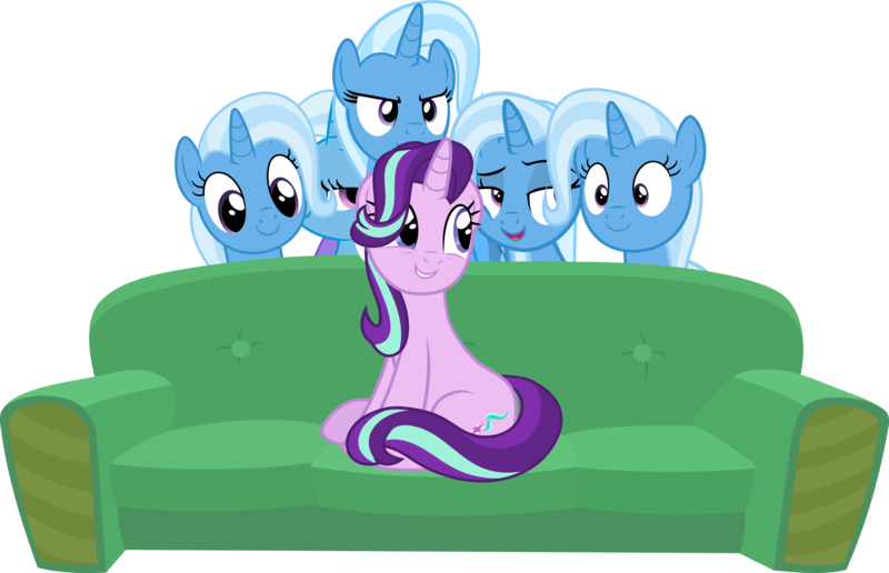 Size: 4041x2605 | Tagged: safe, artist:pink1ejack, derpibooru import, edit, starlight glimmer, trixie, pony, unicorn, absurd resolution, couch, female, furniture, looking at you, looking down, mare, meme, multeity, piper perri surrounded, simple background, transparent background, vector