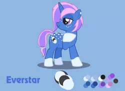 Size: 1100x800 | Tagged: safe, artist:lightning stripe, derpibooru import, oc, oc:everstar, unofficial characters only, pony, unicorn, blue, blue background, blue coat, cutie mark, dappled, eyelashes, female, freckles, hair over one eye, horn, mare, purple eyes, purple hair, purple mane, reference sheet, show accurate, simple background, socks (coat marking), solo