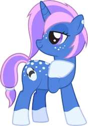 Size: 1912x2726 | Tagged: safe, artist:lightning stripe, derpibooru import, oc, oc:everstar, unofficial characters only, pony, unicorn, blue, blue coat, cutie mark, dappled, eyelashes, female, freckles, hair over one eye, horn, mare, purple eyes, purple hair, purple mane, show accurate, simple background, socks (coat marking), solo, transparent background