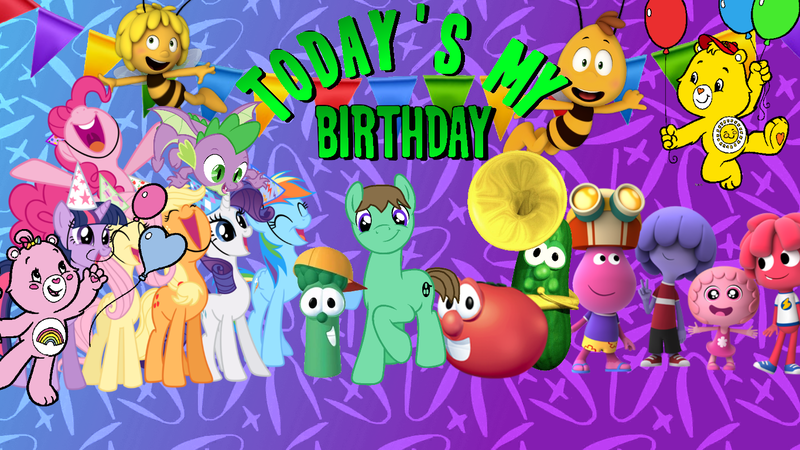 Size: 1366x768 | Tagged: andrea libman, applejack, artist needed, birthday, bob the tomato, care bears, care bears adventures of care a lot, cheer bear, derpibooru import, dragon, edit, fluttershy, fucked up, funshine bear, happy birthday, jelly jamm, junior asparagus, larry the cucumber, mane six, maya the bee, obvious troll, pinkie pie, rainbow dash, rarity, safe, spike, tabitha st. germain, twilight sparkle, veggietales, voice actor joke, wat, winged spike