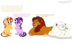 Size: 3020x1808 | Tagged: safe, artist:megaanimationfan, derpibooru import, starlight glimmer, sunset shimmer, big cat, lion, pony, unicorn, angry, annoyed, confused, crossover, disney, forelegs crossed, jungle emperor leo, kimba, kimba the white lion, meta, signature, simba, simple background, the lion king, transparent background
