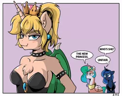 Size: 862x679 | Tagged: safe, artist:z-y-c, derpibooru import, princess celestia, princess luna, alicorn, anthro, pony, anthro with ponies, bowsette, breasts, cleavage, crown, female, jewelry, mare, regalia, royal sisters, super crown