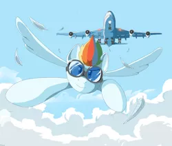 Size: 1300x1100 | Tagged: safe, artist:vinilyart, derpibooru import, rainbow dash, pegasus, pony, boeing 747, cloud, feather, female, flying, goggles, looking at you, mare, plane, race, sky, solo, spread wings, wings