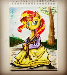 Size: 2966x3340 | Tagged: safe, artist:cosmotic1214, derpibooru import, sunset shimmer, pony, unicorn, chuseok, clothes, cute, female, hanbok, korea, korean, mare, marker drawing, traditional art, traditional clothing