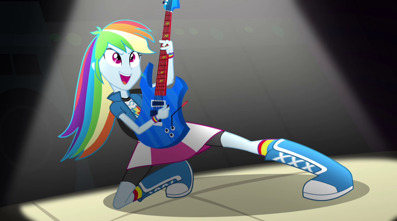 Size: 1280x714 | Tagged: safe, derpibooru import, screencap, rainbow dash, human, equestria girls, rainbow rocks, 2010s, 2014, awesome as i wanna be, awesome as i want to be, black bottomwear, clothes, compression shorts, confident, cute, dashabetes, electric guitar, epic pose, guitar, heroine, image, long hair, metahuman, multicolored hair, multicolored socks, musical instrument, pink eyes, png, pose, rainbow hair, rainbow socks, shorts, singing, smiling, socks, spotlight, stage, striped socks, teenager, tomboy, two toned bottomwear, two toned bottomwear (pink & white), two toned footwear, two toned footwear (blue & white)