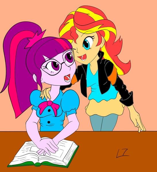 Size: 1280x1405 | Tagged: safe, alternate version, artist:lockezero, derpibooru import, sci-twi, sunset shimmer, twilight sparkle, equestria girls, colored, cute, female, flat colors, lesbian, needs more saturation, one eye closed, ponytail, scitwishimmer, shimmerbetes, shipping, sunsetsparkle, twiabetes, wink