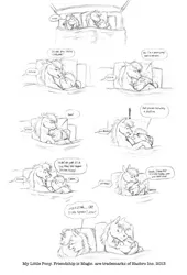 Size: 1080x1584 | Tagged: artist:baron engel, bed, comic, derpibooru import, dialogue, erection, funny, grayscale, implied penis, monochrome, oc, oc:carousel, oc:petina, oc:sky brush, pencil drawing, penis, polyamory, sleeping, sleep-talking, snuggling, spurs, suggestive, traditional art, unofficial characters only