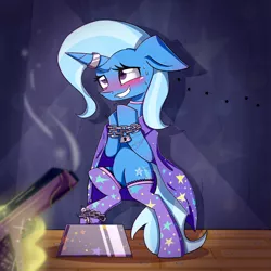 Size: 1861x1861 | Tagged: safe, artist:lixthefork, derpibooru import, sunburst, trixie, pony, unicorn, bipedal, blushing, bondage, chains, clothes, escape act, female, femsub, gun, horn, horn ring, implied sunburst, levitation, magic, magic suppression, magic trick, male, maledom, mare, ring, socks, solo, standing, submissive, telekinesis, the weak and powerless trixie, this will end in death, this will end in tears, this will end in tears and/or death, weapon