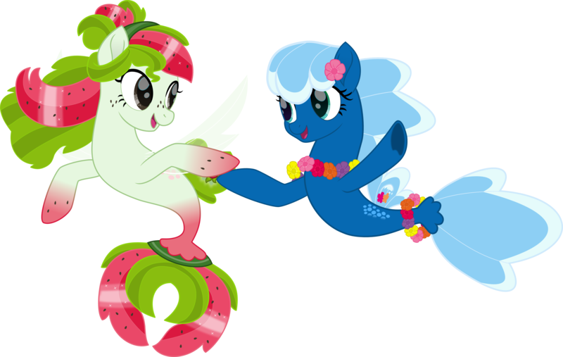 Size: 5000x3168 | Tagged: artist:pilot231, dancing, derpibooru import, flower on ear, freckles, friends, gradient hooves, highlights, lei, movie accurate, oc, oc:sea foam ep, oc:watermelana, safe, seapony (g4), simple background, swimming, transparent background