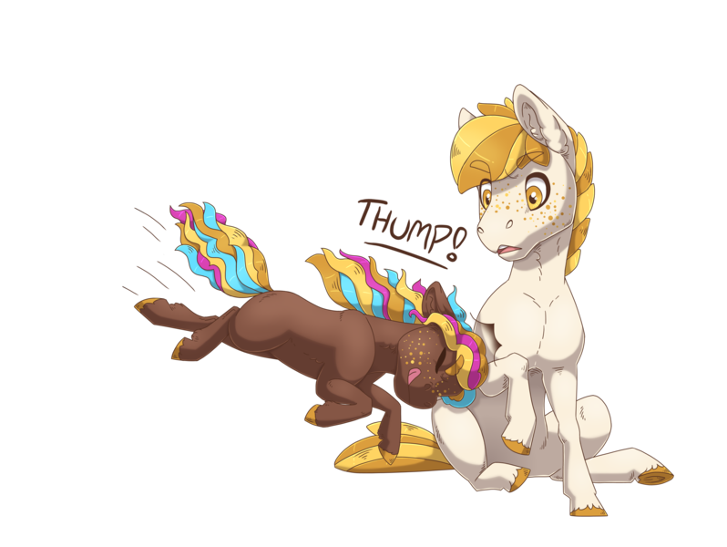 Size: 3302x2482 | Tagged: safe, artist:jackiebloom, derpibooru import, oc, oc:flowerbed, oc:golden grain, unofficial characters only, earth pony, pony, duo, female, filly, headbutt, siblings, simple background, sisters, transparent background