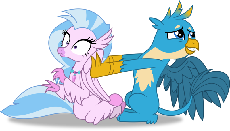 Size: 3273x1856 | Tagged: safe, artist:frownfactory, derpibooru import, gallus, silverstream, classical hippogriff, gryphon, hippogriff, what lies beneath, .svg available, do not want, female, gallstream, jewelry, male, necklace, shipping, shipping denied, simple background, sitting, straight, surprised, svg, transparent background, vector, wings