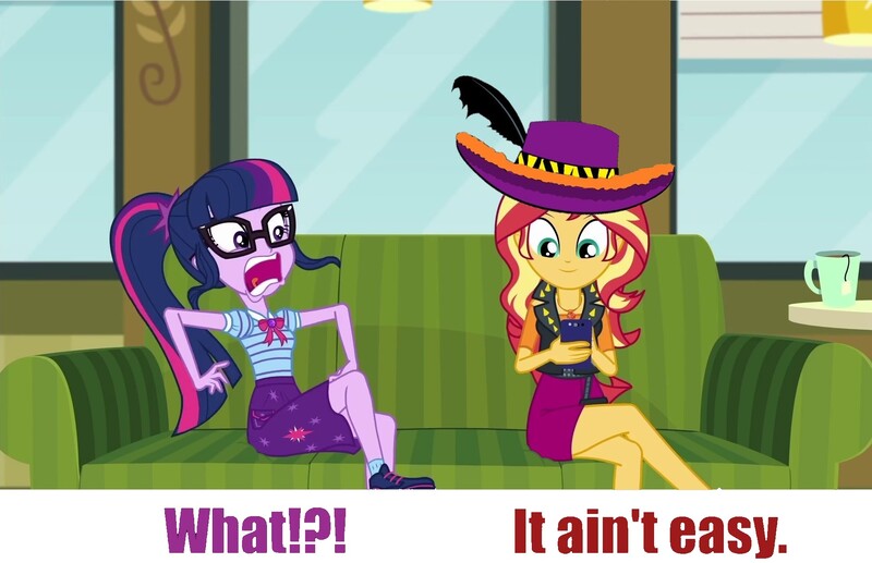 Size: 1917x1240 | Tagged: safe, derpibooru import, edit, edited screencap, editor:leonidus, screencap, sci-twi, sunset shimmer, twilight sparkle, equestria girls, equestria girls series, text support, big daddy kane, coffee mug, couch, dialogue, female, funny, geode of empathy, geode of telekinesis, glasses, hat, magical geodes, mug, phone, pimp, pimp hat, pimpin' ain't easy, ponytail, song reference, text, text support: sunset shimmer, yelling