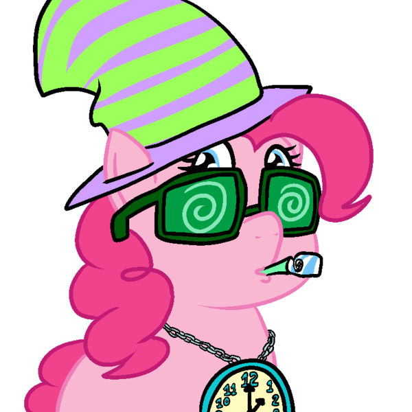 Size: 800x800 | Tagged: artist:bennimarru, chains, clock, colored, derpibooru import, flat colors, hat, jewelry, necklace, party hat, party horn, pinkie pie, safe, simple background, solo, swirly glasses, transparent background