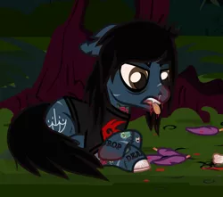 Size: 1269x1120 | Tagged: semi-grimdark, artist:lightningbolt, derpibooru import, ponified, ponified:oliver sykes, earth pony, pony, undead, zombie, zombie pony, the mean 6, .svg available, bags under eyes, blood, blood stains, bloodshot eyes, bone, bring me the horizon, clone, clothes, crossover, disgusted, dripping blood, drool, fangs, feather, floppy ears, forest, fur, hair, implied murder, implied pegasus, male, messy hair, nose piercing, open mouth, ow the edge, piercing, prone, scar, shadow the hedgehog, shirt, solo, sonic the hedgehog (series), stallion, stitches, svg, t-shirt, tattoo, tongue out, torn ear, tree, vector