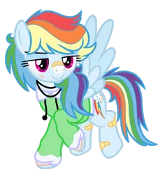 Size: 1024x1085 | Tagged: safe, artist:bezziie, derpibooru import, rainbow dash, pegasus, pony, bandaid, clothes, cutie mark, hoodie, simple background, solo, transparent background, wings