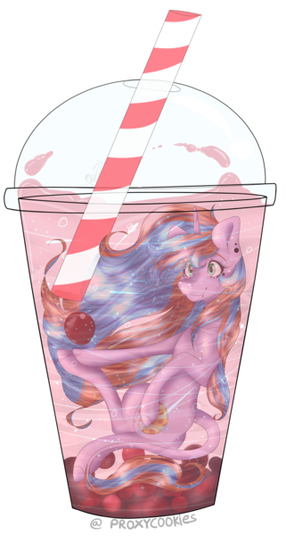 Size: 1508x2816 | Tagged: safe, artist:proxycookies, derpibooru import, oc, oc:proxy cookies, unofficial characters only, pony, bubble tea, cup, cup of pony, micro, simple background, solo, speedpaint, straw, transparent background