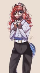 Size: 1800x3250 | Tagged: anthro, anthro oc, artist:orfartina, bandage, belt, bow, clothes, coffee, commission, derpibooru import, digital art, eyeshadow, female, hair bow, hat, high res, jeans, looking at you, makeup, mare, mascara, oc, oc:pepper lark, pants, safe, shirt, smiling, solo, unofficial characters only, ych result