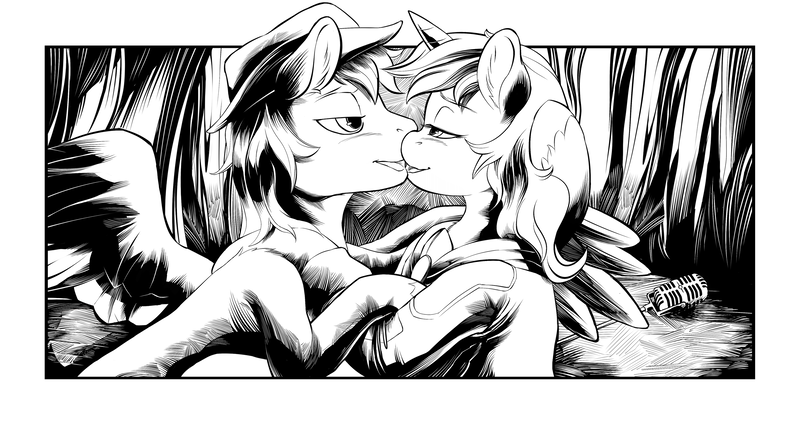 Size: 2550x1350 | Tagged: safe, artist:hobbes-maxwell, derpibooru import, oc, oc:calamity, oc:velvet remedy, unofficial characters only, pegasus, pony, unicorn, fallout equestria, fallout equestria illustrated, fanfic, black and white, dashite, fanfic art, female, grayscale, hat, hoof fluff, hooves, horn, kissing, male, mare, microphone, monochrome, oc x oc, shipping, stable 2, stallion, straight, velamity, wings