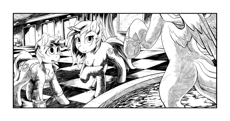 Size: 2550x1350 | Tagged: safe, artist:hobbes-maxwell, derpibooru import, oc, oc:homage, oc:littlepip, unofficial characters only, alicorn, pony, unicorn, fallout equestria, fallout equestria illustrated, fanfic, black and white, butt, clothes, cutie mark, ear fluff, fanfic art, female, fountain, grayscale, hooves, horn, manehattan, mare, monochrome, pipbuck, plot, raised hoof, statue, tenpony tower, vault suit, wings