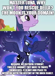 Size: 500x687 | Tagged: safe, derpibooru import, edit, edited screencap, screencap, princess luna, twilight sparkle, alicorn, pony, comic:the epilogue, caption, comic, della duck, ducktales, fanfic art, female, image macro, mare, meme, moon, screencap comic, spoilers for another series, text