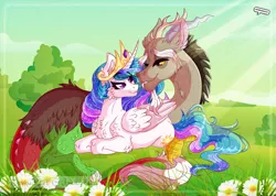 Size: 2500x1779 | Tagged: safe, artist:amanddica, derpibooru import, discord, princess celestia, border, chest fluff, day, dislestia, female, flower, flowing mane, looking at each other, male, missing accessory, prone, shipping, signature, straight, sunshine, wing fluff, wingding eyes