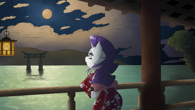 Size: 4800x2700 | Tagged: safe, artist:maneingreen, derpibooru import, rarity, pony, unicorn, bipedal, bipedal leaning, cloud, cloudy, japan, lantern, leaning, moon, solo, ukiyo-e, yukata