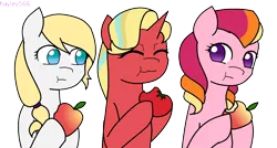 Size: 1280x687 | Tagged: safe, artist:hayley566, derpibooru import, oc, oc:ambrosia apple, oc:honeycrisp, oc:honeycrisp blossom, oc:sunshine blaze, unofficial characters only, earth pony, pony, unicorn, apple, eating, eyes closed, female, food, hoof hold, magical lesbian spawn, mare, next generation, offspring, parent:applejack, parent:big macintosh, parent:princess cadance, parent:rarity, parent:starlight glimmer, parent:sunset shimmer, parents:cadmac, parents:rarijack, parents:shimmerglimmer, signature, simple background, tomato, transparent background, trio