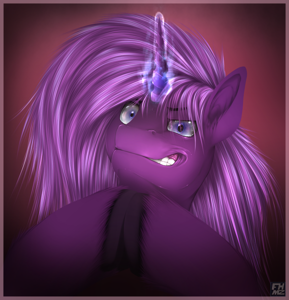 Size: 850x883 | Tagged: safe, artist:flareheartmz, derpibooru import, oc, oc:flareheart, pony, unicorn, bust, dark atmosphere, glow, hooves, horn, looking at you, magic, male, portrait, smiling, solo, stallion, teeth