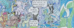 Size: 2482x947 | Tagged: safe, artist:nephilim rider, derpibooru import, gallus, ocellus, sandbar, silverstream, smolder, yona, oc, oc:sparkbolt, changedling, changeling, classical hippogriff, dragon, earth pony, gryphon, hippogriff, pony, yak, bow, cloven hooves, dragoness, female, hair bow, jewelry, male, monkey swings, necklace, nephilim, student six, teenager, traditional art