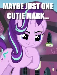 Size: 521x685 | Tagged: safe, derpibooru import, edit, edited screencap, screencap, starlight glimmer, pony, unicorn, the crystalling, caption, cropped, female, here we go again, hoof on chin, horn, image macro, lidded eyes, mare, meme, raised hoof, relapse, scheming, smiling, solo, standing, text, this will end in communism, this will end in equalization, this will not end well