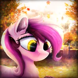 Size: 2000x2000 | Tagged: safe, artist:thefunnysmile, derpibooru import, oc, oc:tux, unofficial characters only, pony, autumn, blurred background, bust, chest fluff, ear fluff, female, leaf, leaves, lens flare, looking down, mare, muzzle fluff, portrait, smiling, solo