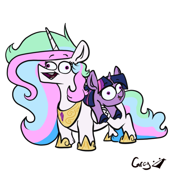 Size: 1280x1280 | Tagged: safe, artist:greyscaleart, derpibooru import, princess celestia, twilight sparkle, alicorn, pony, unicorn, background removed, colored hooves, derp, derplestia, duo, hoof shoes, majestic as fuck, ponies riding ponies, riding, signature, silly, simple background, transparent background, unicorn twilight