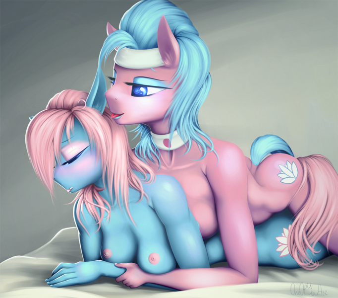 Size: 2000x1760 | Tagged: questionable, artist:oneofyouare, derpibooru import, aloe, lotus blossom, anthro, earth pony, breasts, busty lotus blossom, female, heart eyes, incest, lesbian, mare, nipples, nudity, shipping, spacest, spa twins, twincest, twins, wingding eyes