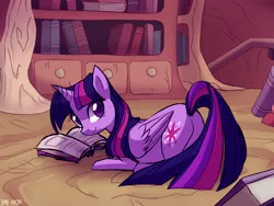 Size: 1600x1200 | Tagged: safe, artist:bae-mon, derpibooru import, twilight sparkle, twilight sparkle (alicorn), alicorn, pony, book, bookshelf, butt, cute, featureless crotch, female, golden oaks library, horn, indoors, library, looking at you, looking back, looking back at you, mare, plot, prone, raised tail, rear view, smiling, solo, tail, twibutt, wings