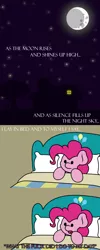 Size: 1280x3190 | Tagged: safe, artist:ljdamz1119, derpibooru import, pinkie pie, earth pony, pony, bed, comic, female, house, mare, moon, night, open mouth, pillow, solo, stars, text, thinking, tree, vulgar