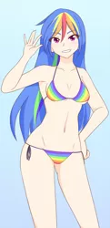 Size: 621x1280 | Tagged: artist:jonfawkes, bikini, blue background, blue hair, breasts, clothes, commission, derpibooru import, female, human, humanized, looking at you, rainbow bikini, rainbow dash, simple background, small breasts, solo, solo female, stupid sexy rainbow dash, suggestive, swimsuit