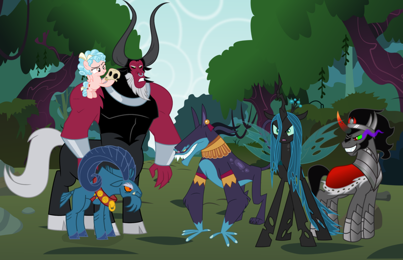 Size: 1024x661 | Tagged: safe, artist:nukarulesthehouse1, derpibooru import, cozy glow, grogar, king sombra, lord tirek, queen chrysalis, centaur, changeling, changeling queen, pegasus, pony, sheep, unicorn, school raze, season 9, spoiler:s09, 2019, alliance, antagonist, caption, cloven hooves, female, filly, foal, g1, g1 to g4, g4, generation leap, image macro, legion of doom, male, meme, ram, sinister six, speculation, stallion, team up, text, villain teamup