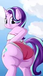 Size: 2160x3840 | Tagged: suggestive, artist:andelai, derpibooru import, starlight glimmer, pony, semi-anthro, unicorn, beach, bipedal, butt, chubby, chubby glimmer, clothes, cloud, dock, fat, female, glimmer glutes, looking at you, looking back, mare, plot, smiling, standing, starlard glimmer, swimsuit, the ass was fat