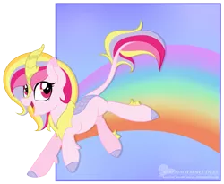 Size: 2152x1768 | Tagged: safe, artist:raspberrystudios, derpibooru import, oc, oc:aurelia charm, unofficial characters only, kirin, sounds of silence, jumping, kirinified, looking at you, open mouth, rainbow, simple background, solo, species swap, transparent background