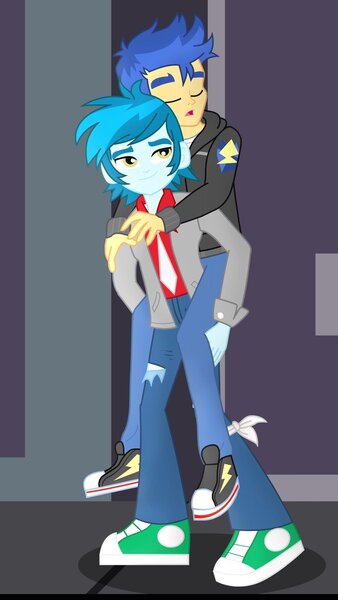 Size: 1024x1820 | Tagged: safe, artist:supermaxx92, derpibooru import, flash sentry, thunderbass, human, equestria girls, carrying, clothes, converse, gay, humanized, lifting, male, piggyback ride, rocker, shipping, shoes, thunderflash