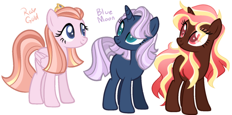 Size: 1024x507 | Tagged: safe, artist:gr0ttie, derpibooru import, oc, oc:blue moon, oc:rose gold, unofficial characters only, pegasus, pony, unicorn, female, magical lesbian spawn, mare, offspring, parent:fluttershy, parent:pinkie pie, parent:prince blueblood, parent:princess luna, parent:rarity, parent:sunset shimmer, parents:blueshy, parents:lunapie, parents:sunsarity, simple background, transparent background