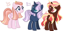 Size: 1024x507 | Tagged: safe, artist:gr0ttie, derpibooru import, oc, oc:blue moon, oc:rose gold, unofficial characters only, pegasus, pony, unicorn, female, magical lesbian spawn, mare, offspring, parent:fluttershy, parent:pinkie pie, parent:prince blueblood, parent:princess luna, parent:rarity, parent:sunset shimmer, parents:blueshy, parents:lunapie, parents:sunsarity, simple background, transparent background