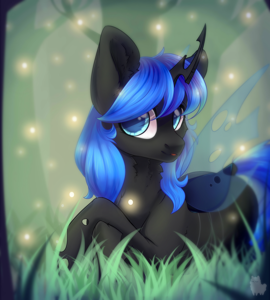 Size: 4204x4660 | Tagged: safe, artist:alphadesu, derpibooru import, oc, oc:blue visions, unofficial characters only, changeling, :p, absurd resolution, blue changeling, changeling oc, commission, cute, digital art, female, forest, forest background, insect wings, signature, silly, solo, tongue out, transparent wings, wings, ych result