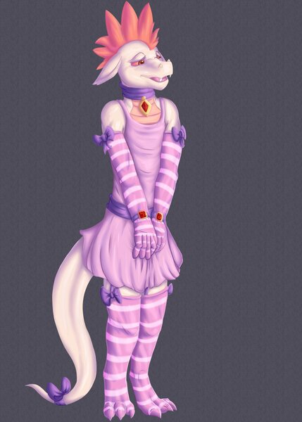 Size: 2500x3500 | Tagged: anthro, artist:secret_desires, bow, bowtie, clothes, collar, crossdressing, derpibooru import, dragon, dress, evening gloves, femboy, fizzle, floppy ears, girly, gloves, hair bow, long gloves, male, safe, simple background, socks, solo, stockings, striped socks, thigh highs