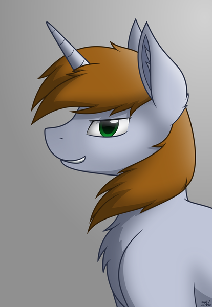 Size: 3000x4344 | Tagged: safe, artist:starlessnight22, derpibooru import, oc, oc:littlepip, unofficial characters only, pony, unicorn, fallout equestria, fanfic, bust, chest fluff, ear fluff, fanfic art, female, gradient background, horn, inkscape, mare, portrait, simple background, smiling, solo, teeth, vector